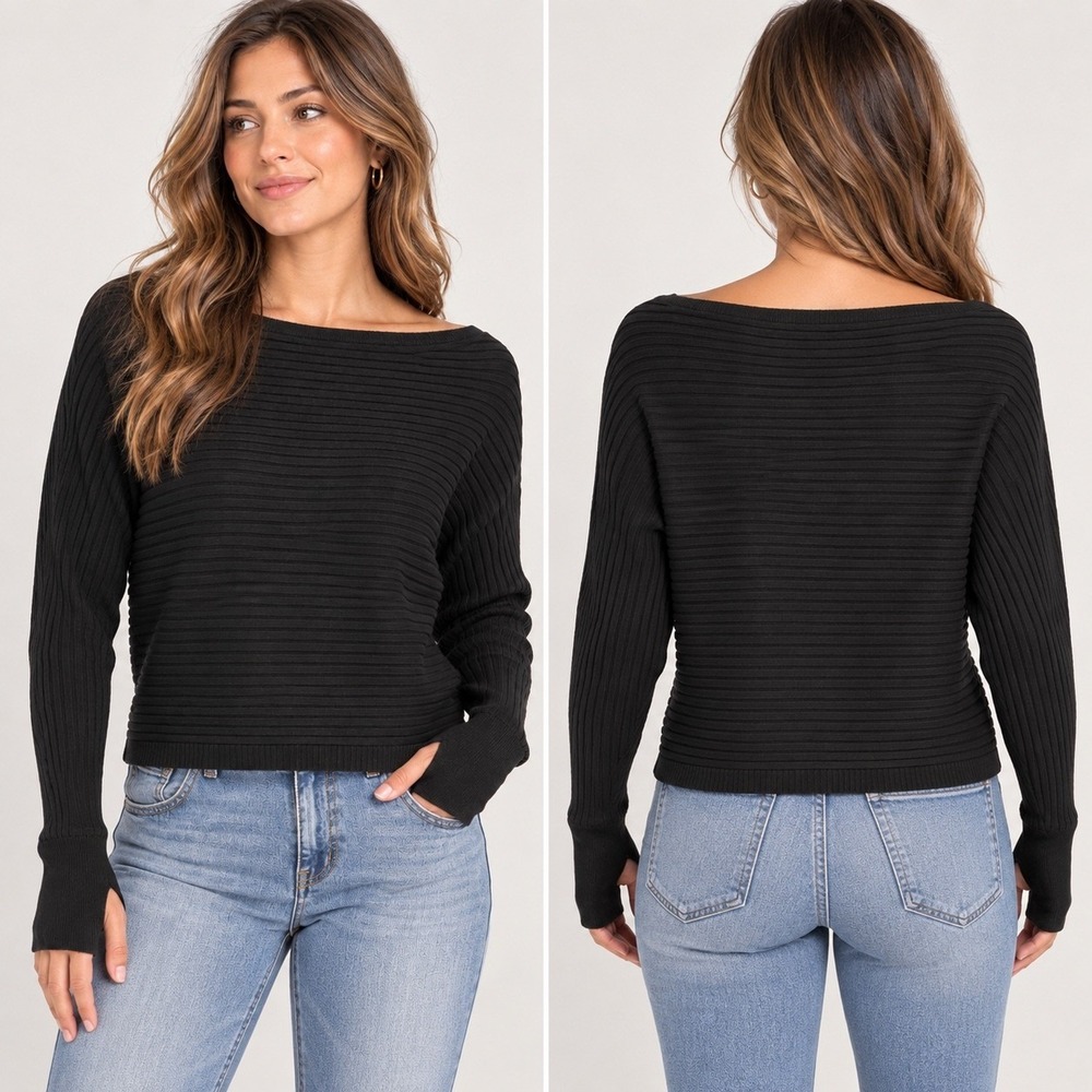 Bobi Black Ribbed Sweater Womens Medium Black Boatneck Thumbhole 34D-88527